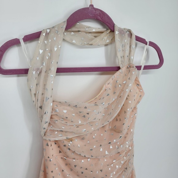 H:ours Rialto Heart Mini Dress XXS One Shoulder Pink Nude Mesh Metallic Silver - Picture 6 of 12